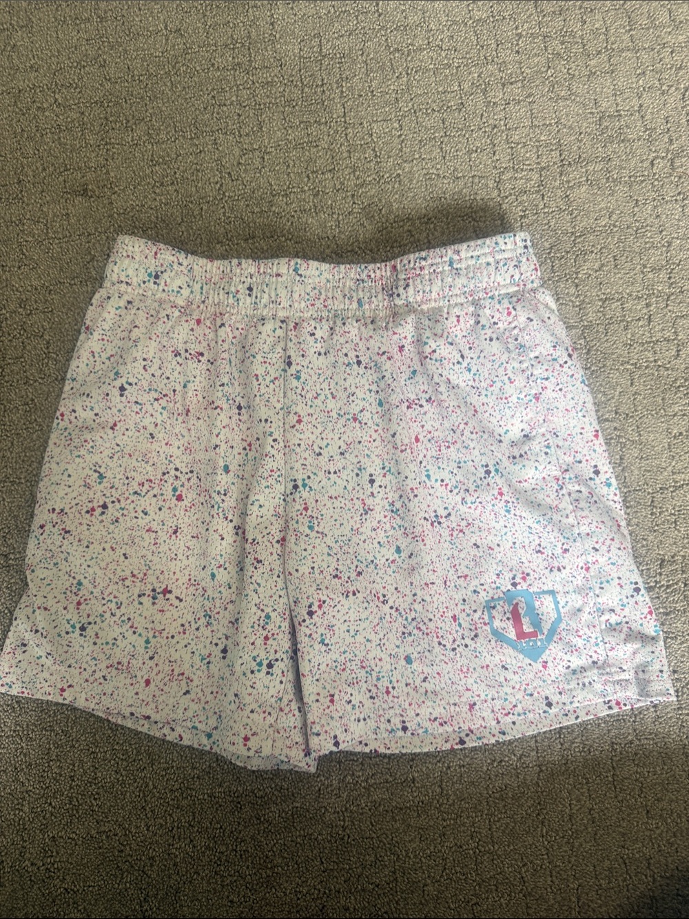 Boys XL baseball 101- White Speckle Active Shorts with Blue Logo